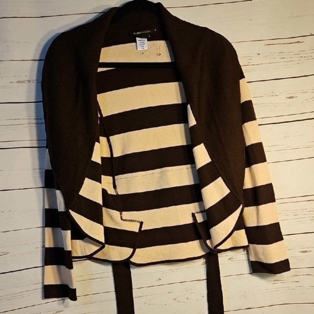 BCBGMAXAZRIA Striped Merino Wool Cardigan Sweater Brown Beige S Small